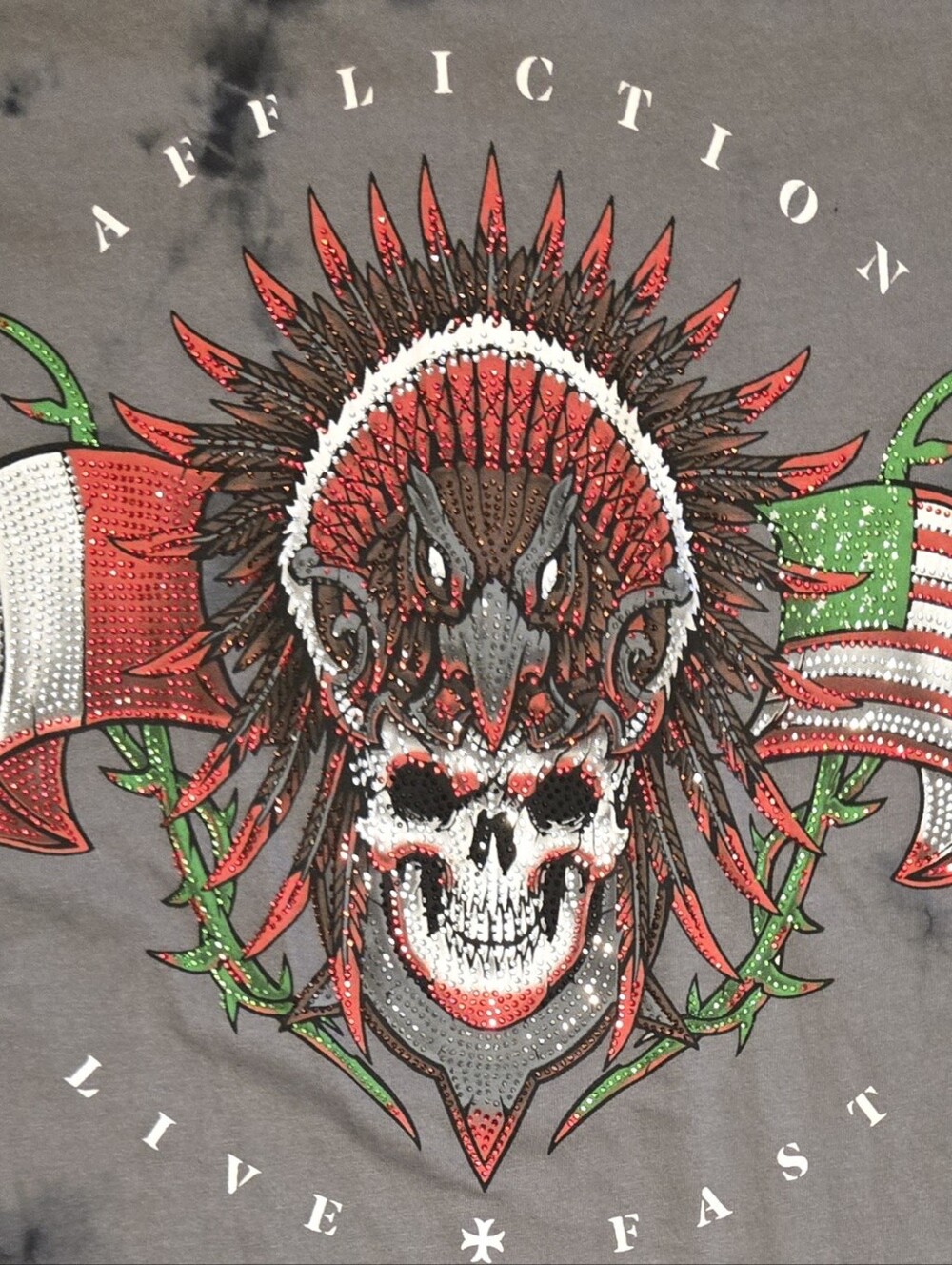 Affliction Gray Tee with Red, Green and White Skull Headdress Graphic